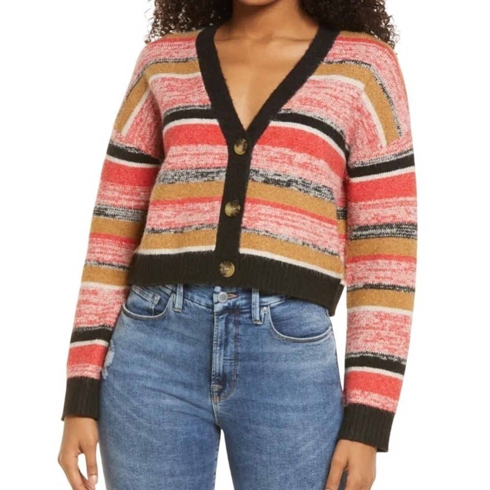 BP Womens Striped Cropped Cardigan‎ Sweater XS Multicolor Red Orange Tan